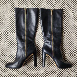 Banana Republic Black Leather Heeled Boots with Gold Zipper, Size 9M